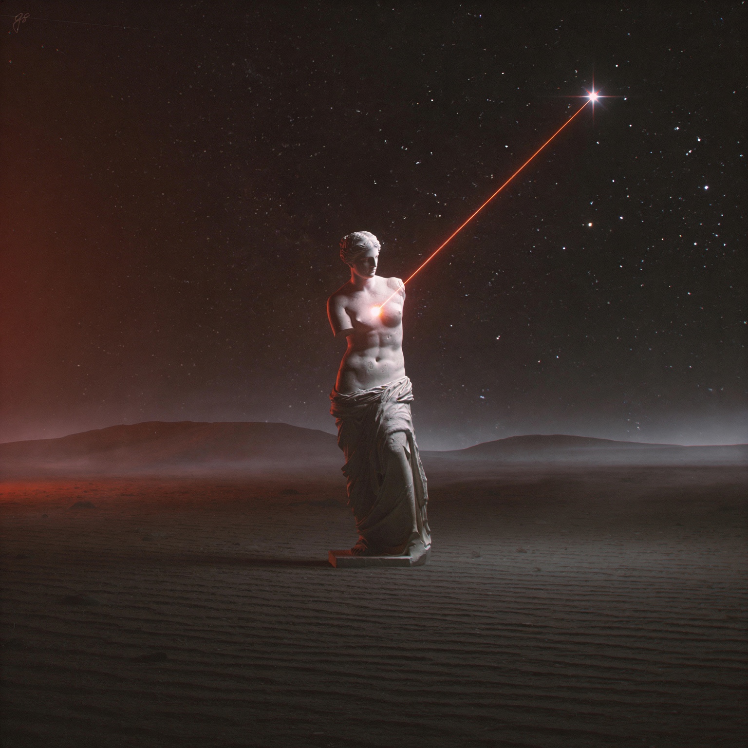 Statua classica in un deserto stellato attraversata da un raggio rosso