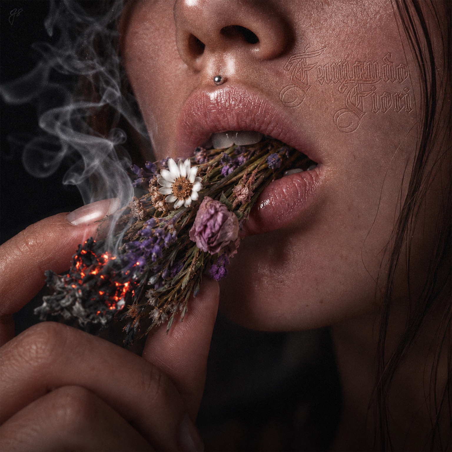 Ritratto ravvicinato con fiori e fumo
