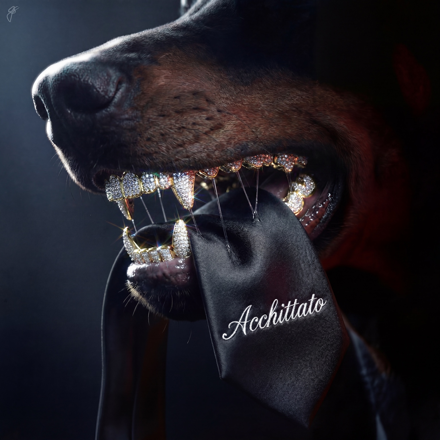 Cane con denti gioiello e cravatta